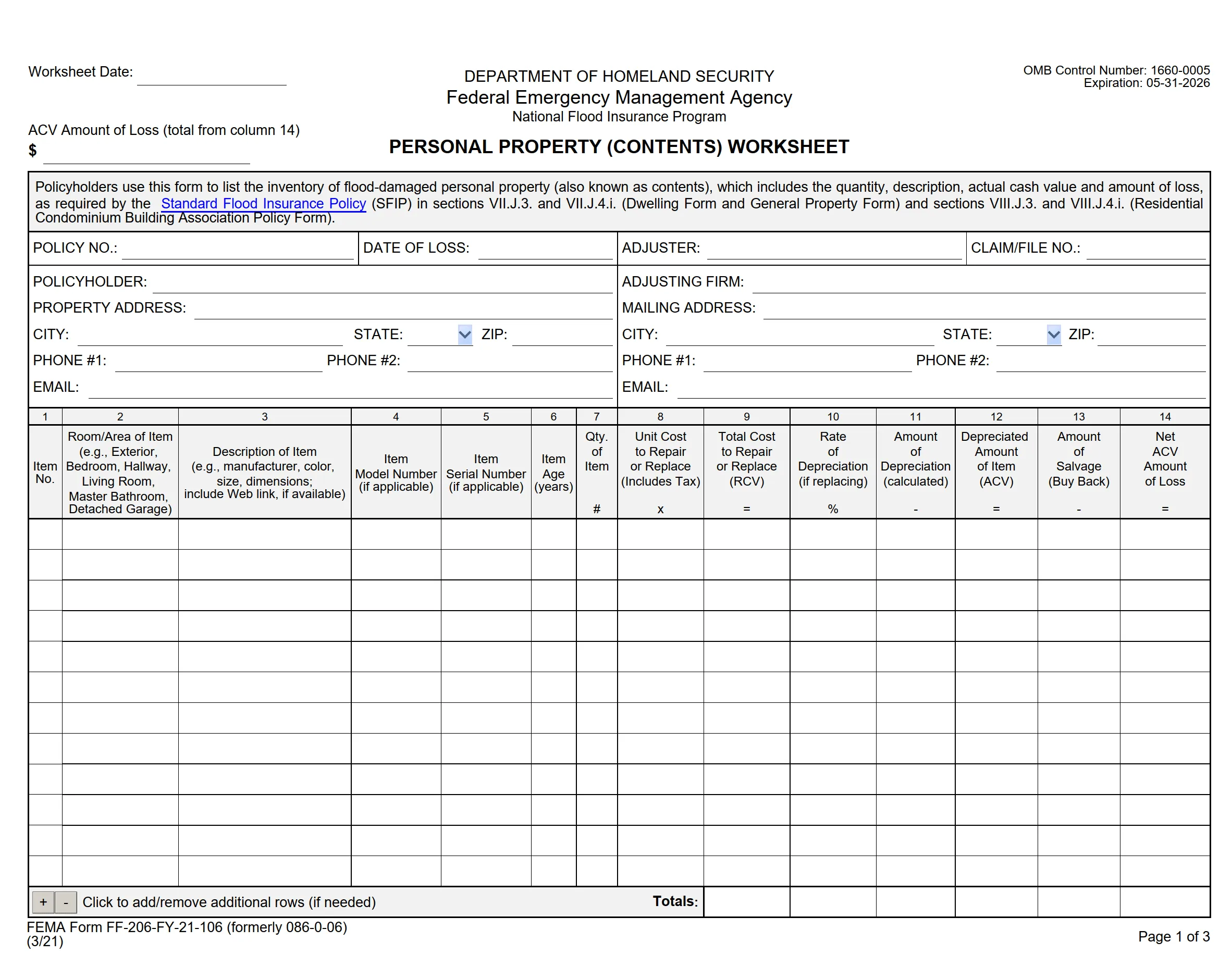 Flood Contents Worksheet (FEMA)