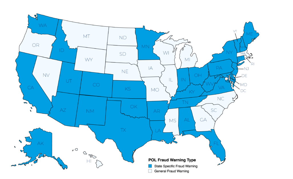 Proof of Loss documents may have "fraud warning" statements. This is a map showing states with specific requirements.