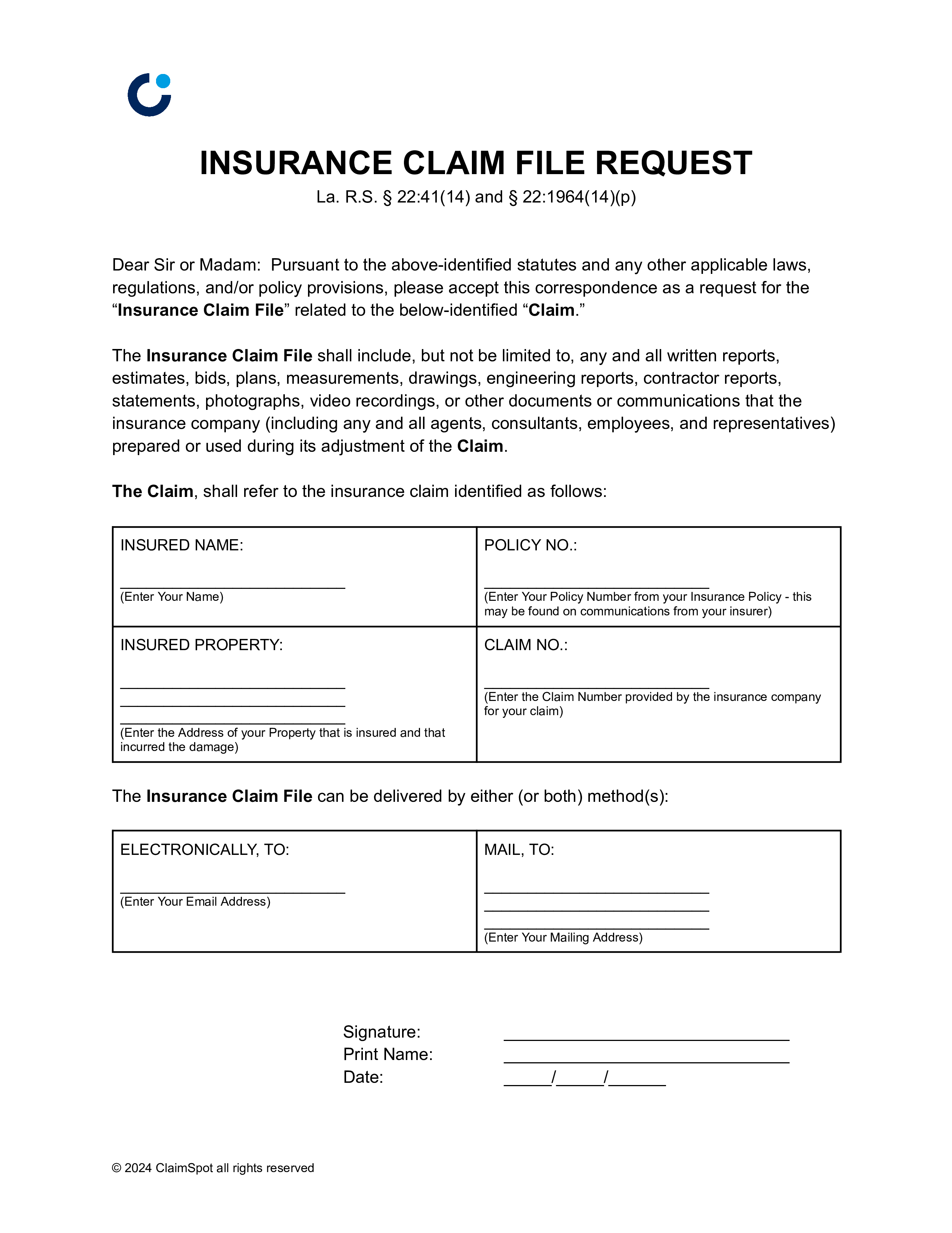 Claim File Request – Louisiana