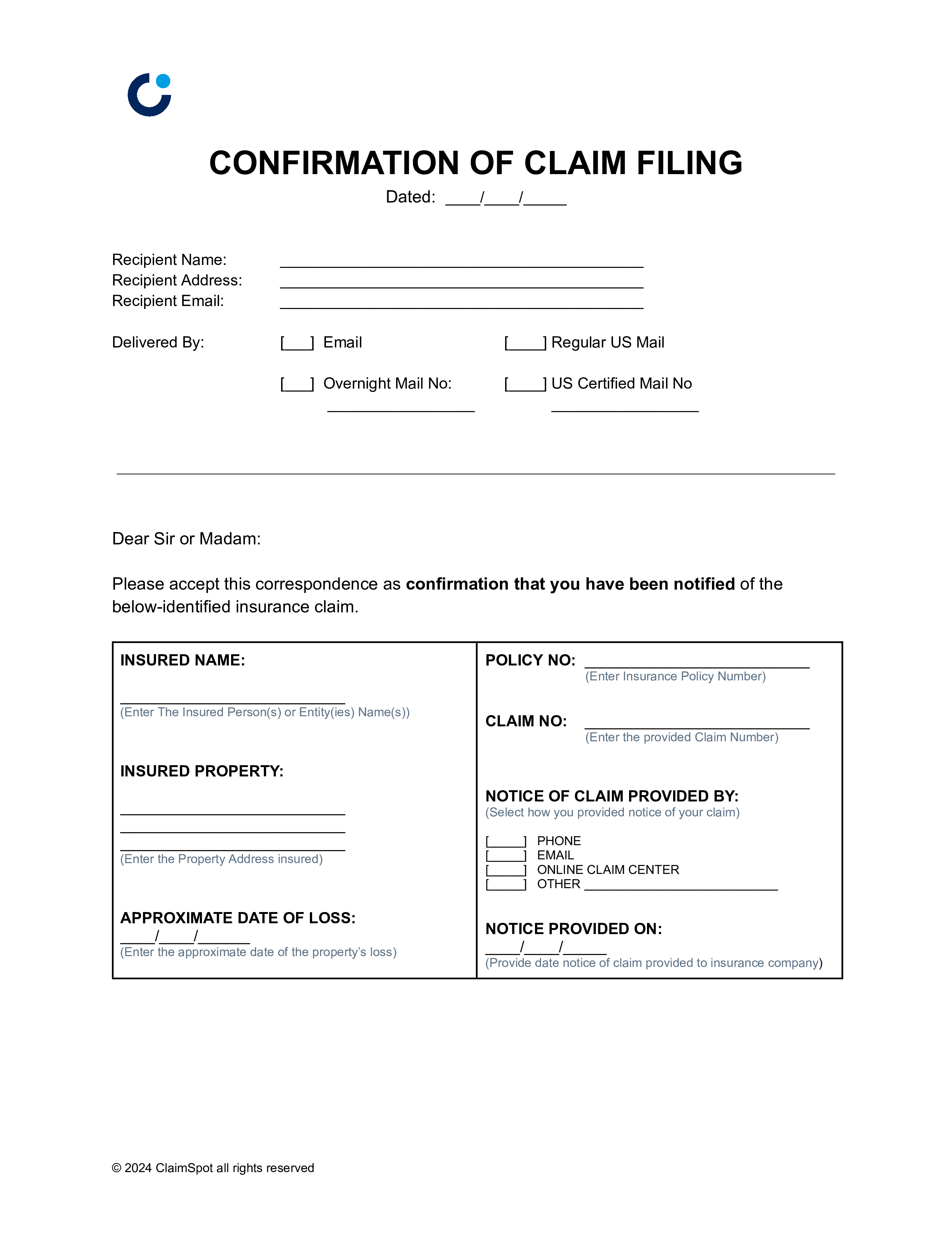 Confirmation of Claim Filing