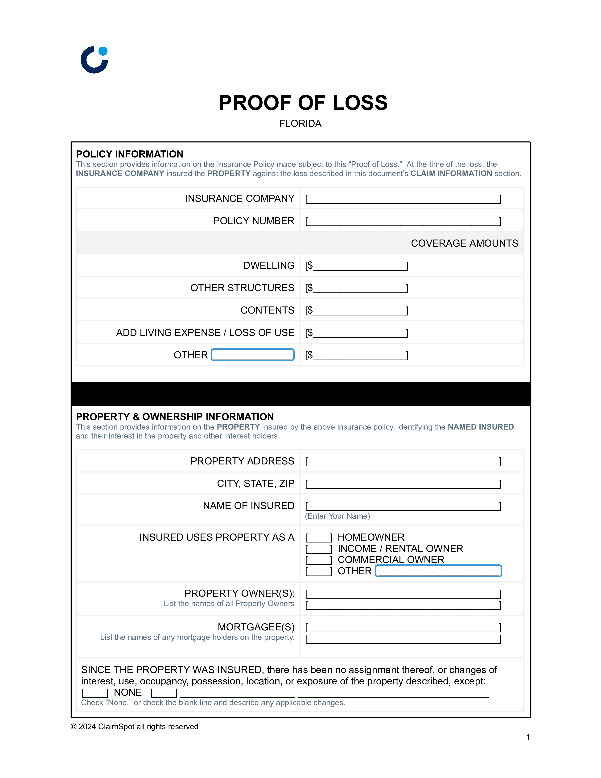 Florida Proof of Loss Form