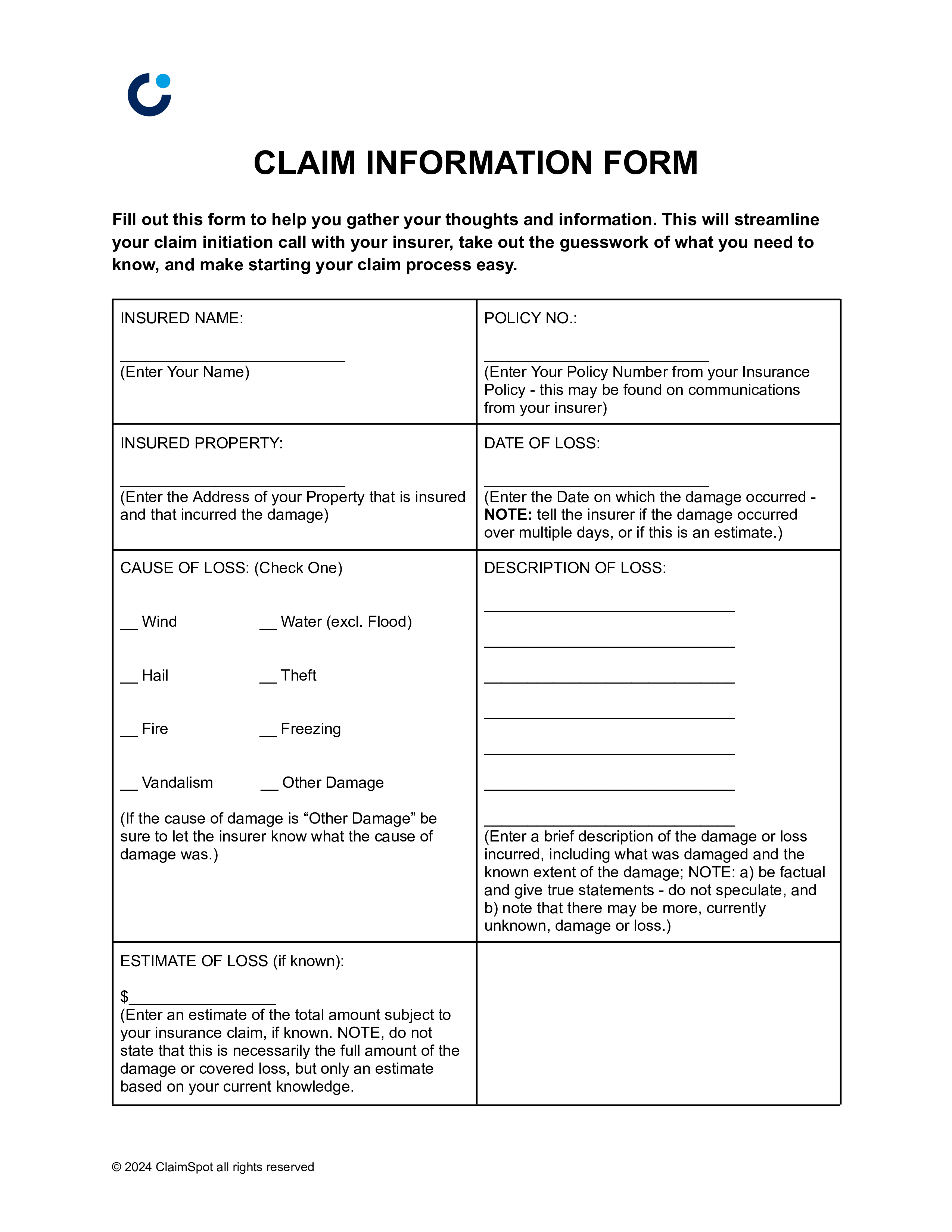 Claim Organization Form